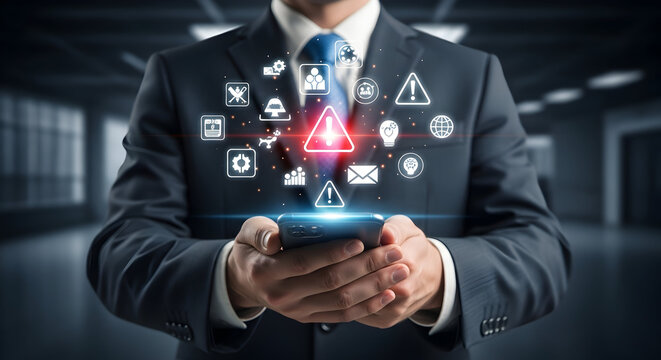 Businessman monitoring digital security threats on smartphone with interconnected warning icons