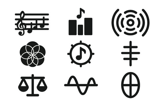 Harmonic Architecture Icons. Solid style icons of tonal alignments in structures: pitch-based layouts, harmonic building icons,