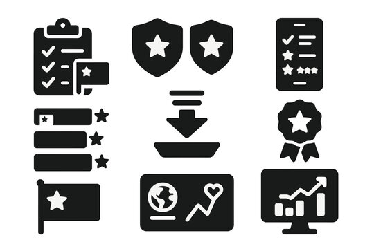 Nomad Visa Icons. Solid style icons of nomad visa comparison tools: checklist of countries icon, side-by-side badge, digital