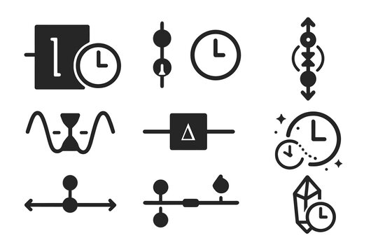 Quantum Computing Icons. Solid style icons of quantum temporal computing: quantum gate with clock, time-dependent qubit icon,