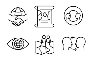 Cross-Cultural Icons. Line style icons of cross-cultural understanding: world handshake icon, culture respect scroll, shared story