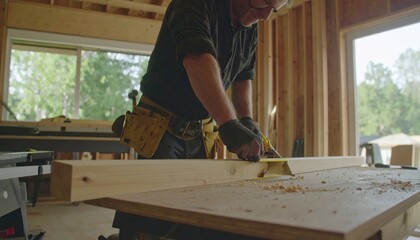 Carpenter carefully cuts wood with a saw inside a building under construction.