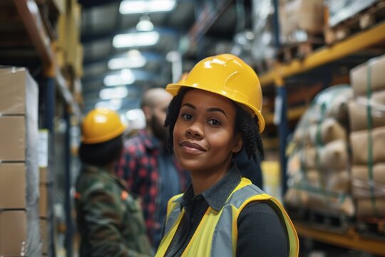 Young woman working in a warehouse with safety gear