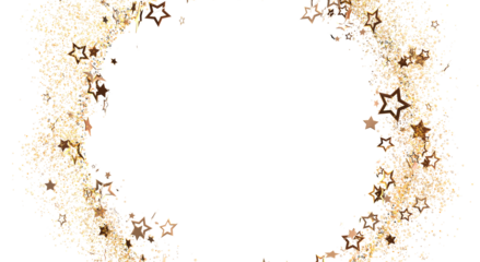 Festive golden star confetti border on a white background, perfect for celebrations and party themes, with a dreamy and luxurious aesthetic.