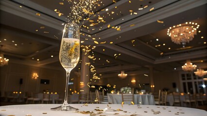 Elegant Champagne Glass with Golden Confetti – Luxury New Year Celebration Toast Scene
