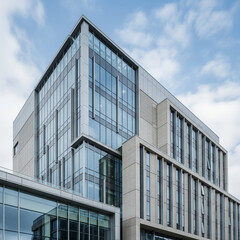 Low angle view of a modern building with a glass and concrete facade against a cloudy sky.