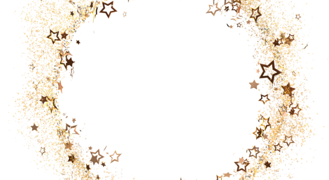 Festive golden star confetti border on a white background, perfect for celebrations and party themes, with a dreamy and luxurious aesthetic.