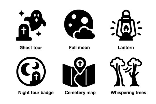 Cemetery Night Tour Icons. Line style icons of Cemetery Tourism: ghost tour icon, full moon, lantern light, night tour badge,