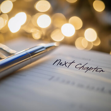 A pen on a notebook with the words next chapter written on it bokeh lights