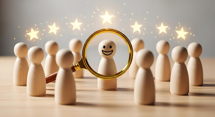 Wooden figures arranged in a circle, with one figure highlighted in a magnifying glass, signifying customer focus and success