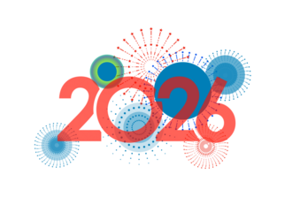 Vibrant red 2020 text illuminated by colorful abstract fireworks and glowing blue circles against a transparent night sky.