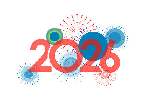 Vibrant red 2020 text illuminated by colorful abstract fireworks and glowing blue circles against a transparent night sky.