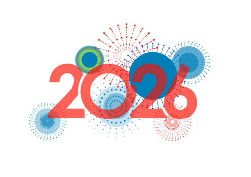 Vibrant red 2020 text illuminated by colorful abstract fireworks and glowing blue circles against a transparent night sky.