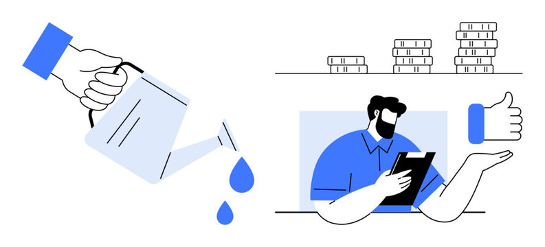 Hand pouring water symbolizes nurturing, stacks of coins represent financial growth, and a man with a tablet signifies planning. Ideal for investment, growth, business strategy, teamwork, leadership