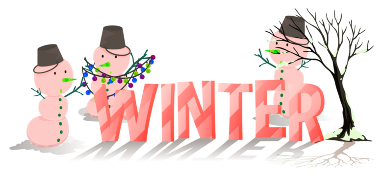 Whimsical winter scene with three festive snowmen and illuminated text spelling out the word winter. 