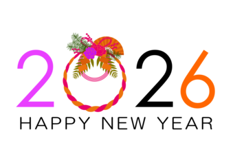 Vibrant neon glowing numbers 2026 with a tropical floral wreath in the center against a transparent background.