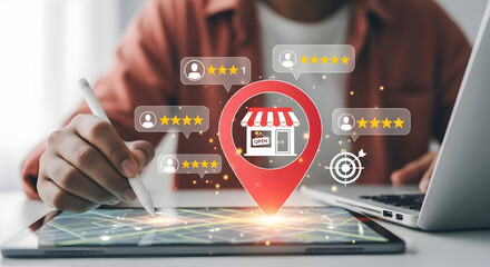 Customer reviews and ratings overlaid on a business location pin on a tablet screen, indicating online reputation and local search results