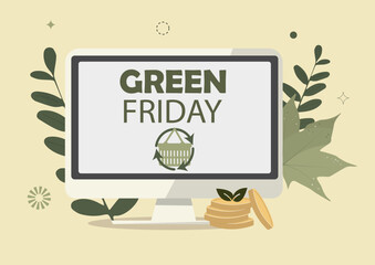 Green Friday Online Eco Shopping. Eco-friendly Green Friday highlighting sustainable online shopping and ecological awareness. Eco procurement concept. Flat style. Vector illustration