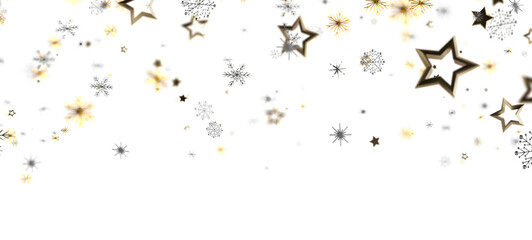 Winter holiday background with golden and silver stars and snowflakes floating on white space....