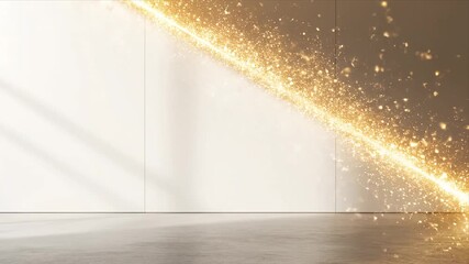 Elegant modern studio background with a dynamic golden glitter light stream shimmering diagonally across a clean white wall and concrete floor Perfect for product - Powered by Adobe