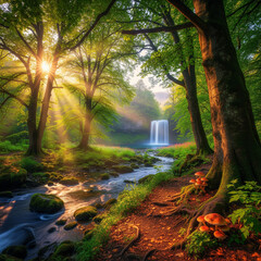 Golden sunbeams filter through a lush green forest, illuminating a tranquil stream and a distant waterfall.