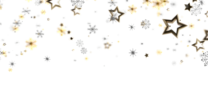 Winter holiday background with golden and silver stars and snowflakes floating on white space. Great for Christmas, New Year designs, or festive