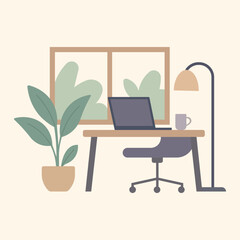 Modern Home Office Workspace with Laptop and Plants Vector