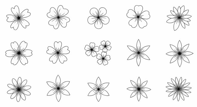 A diverse set of simple flower icons in a minimal line art style, a vector illustration collection