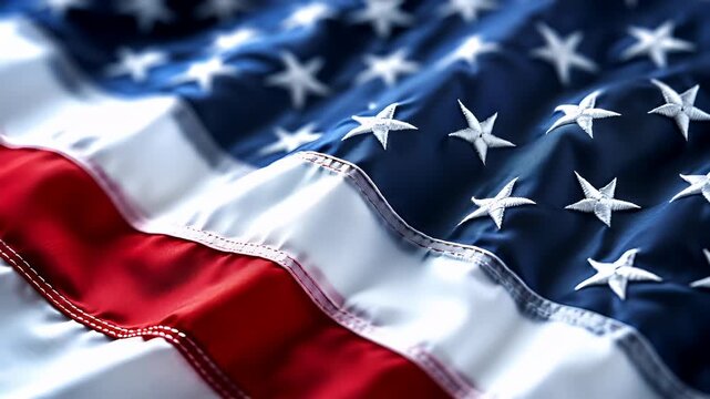 A closeup view of the American flag, showcasing its iconic stars and stripes. The flags colors are vibrant, with the red and white stripes standing out against the blue backdrop.