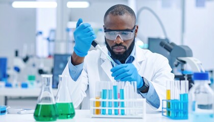 Scientist in a lab coat conducts research with test tubes and a pipette.
