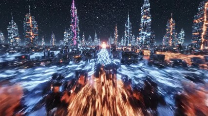 Abstract futuristic digital city with flowing data streams at night - Powered by Adobe