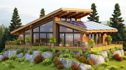 Stunning modern wooden home with solar panels blending seamlessly into the natural landscape, a perfect eco-friendly family retreat or sustainable living design