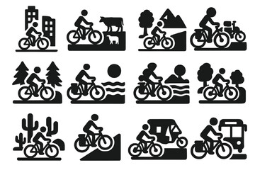 Adventure Travel Icons. Solid style icons of Adventure and travel: city ride, countryside ride, mountain trail, forest path,
