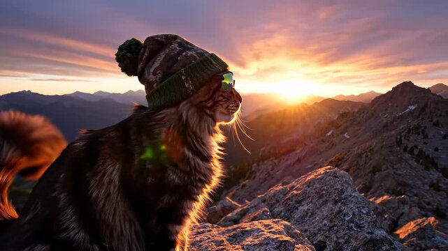 Curious cat wearing goggles and hat perched atop rugged mountain rock taking in breathtaking sunset view embodying concept of adventure exploration and thrill seeking making it ideal visual.