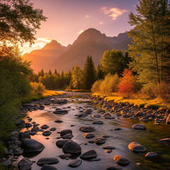 A serene mountain landscape at sunset with a river flowing through a forest.