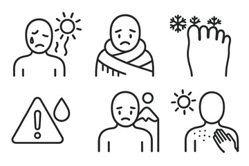 Environmental Safety Icons. Line style icons of environmental hazard care: heat stroke icon, hypothermia figure, frostbite toes,