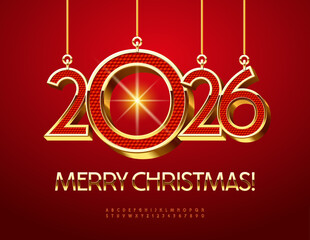 Vector Classy Greeting Card Merry Christmas with luxury toys 2026! Red and Gold Chic Font. Fashion Premium Alphabet Letters and Numbers set