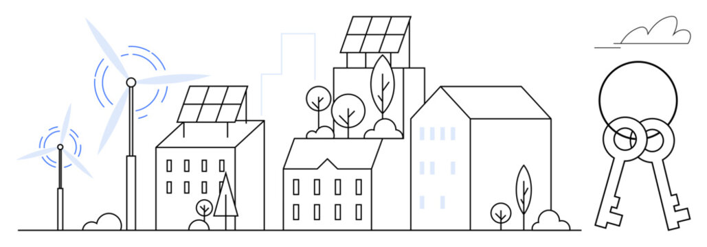 Cityscape with solar panels, wind turbines, trees, and key icon. Ideal for sustainability, renewable energy, green architecture, eco-lifestyle, innovation environmental awareness real estate
