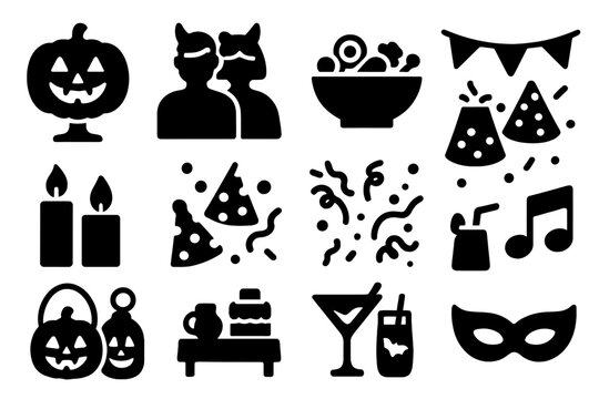 Halloween Party Icons. Solid style icons of Halloween party: jack-o’-lantern centerpiece, costume party, candy bowl, spooky banner