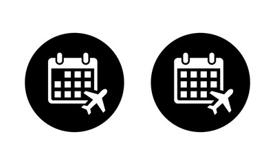 Flight schedule icon in black circle. Airplane with calendar symbol. Travel booking and planning sign