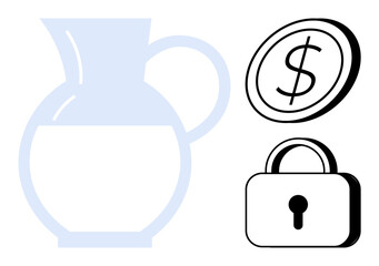 Minimalist pitcher denotes resources or liquidity, coin suggests wealth or savings, and padlock symbolizes security. Ideal for finance, savings, investment, resources, safety, wealth simple flat