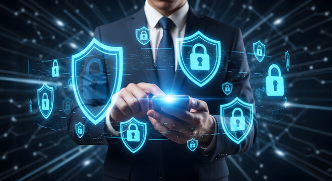Cybersecurity concept businessman using phone with digital shield and lock icons representing data protection and network security