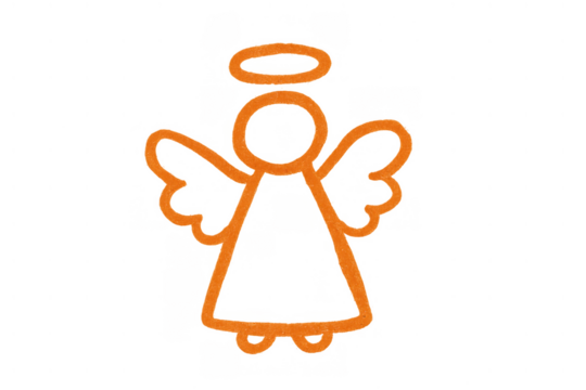 Angel icon design with simple minimal orange abstract drawing on transparent background creating a spiritual symbol