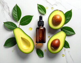 Avocado oil with fresh fruit and leaves on a marble surface