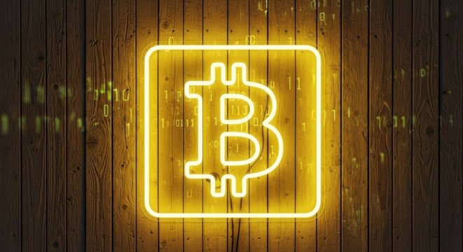 Bitcoin Neon Sign: Glowing Yellow Neon Bitcoin Symbol Mounted on a Rustic Wooden Wall with Faint Binary Code Overlay for Cryptocurrency and Digital Currency