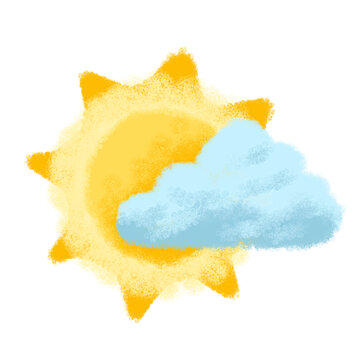 Hand-painted watercolor illustration of cloudy weather with sun. Cloudy weather. Partly sunny weather.