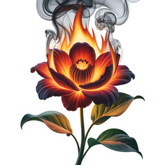 Fiery glowing flower with burning petals and vibrant light, transformation,blooming fire rose,red rose flower on fire,rose flowers burning with fire flames, smoke,fire flames on transparent background