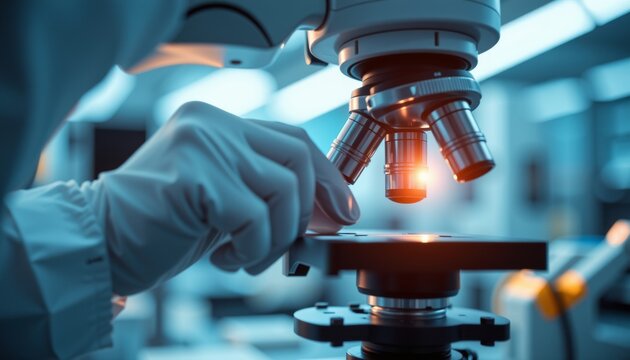 Scientist's gloved hand adjusting microscope focus in laboratory scientific research environment close-up view