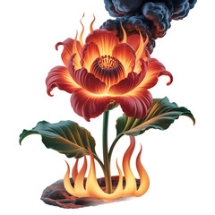 Fiery glowing flower with burning petals and vibrant light, transformation,blooming fire rose,red rose flower on fire,rose flowers burning with fire flames, smoke,fire flames on transparent background