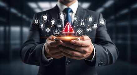 Business security and network protection with digital warning icons overlaying a businessman holding a smartphone